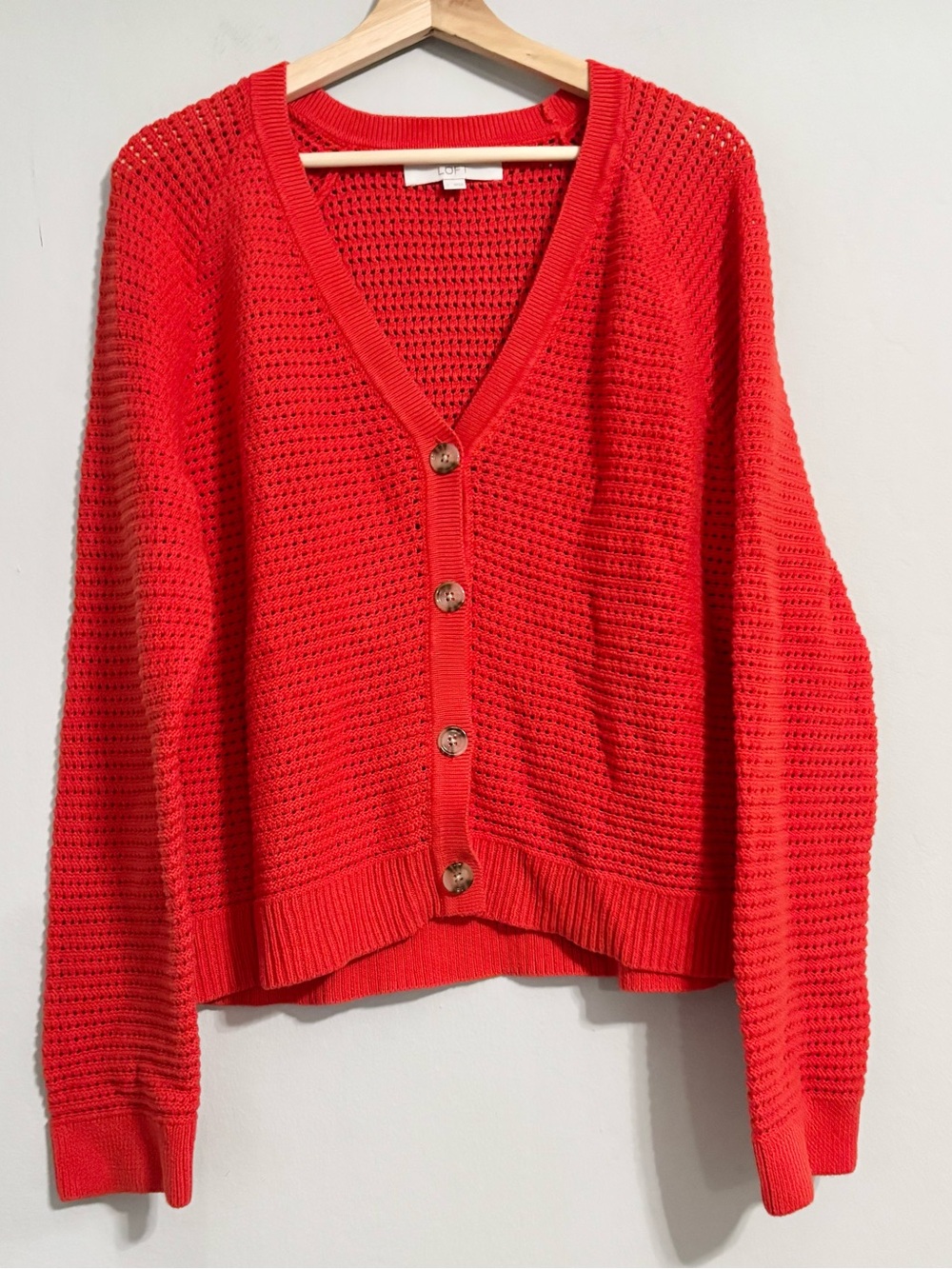 New LOFT 100% Cotton Red Orange Crochet Style Open Knit Cardigan Sweater